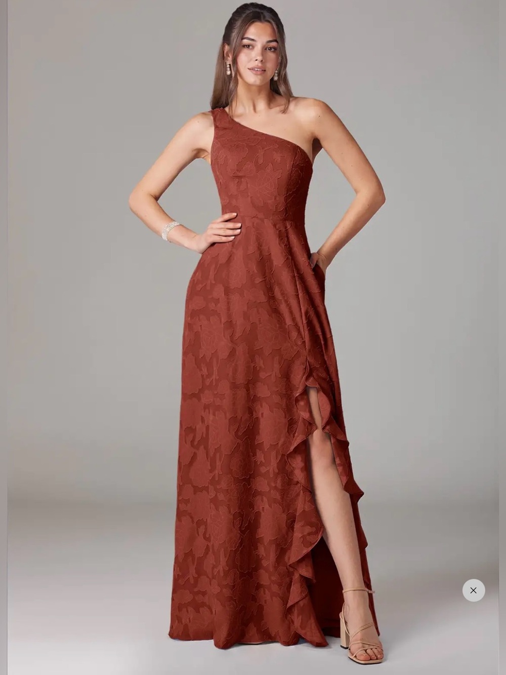NWT Azazie Ellianna 24 terracotta floral burnout one shoulder bridesmaid dress